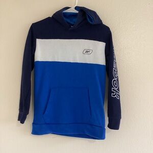 Reebok Youth Hoodie Sweatshirt Size 10/12 Blue Colorblock Pullover Logo Pocket